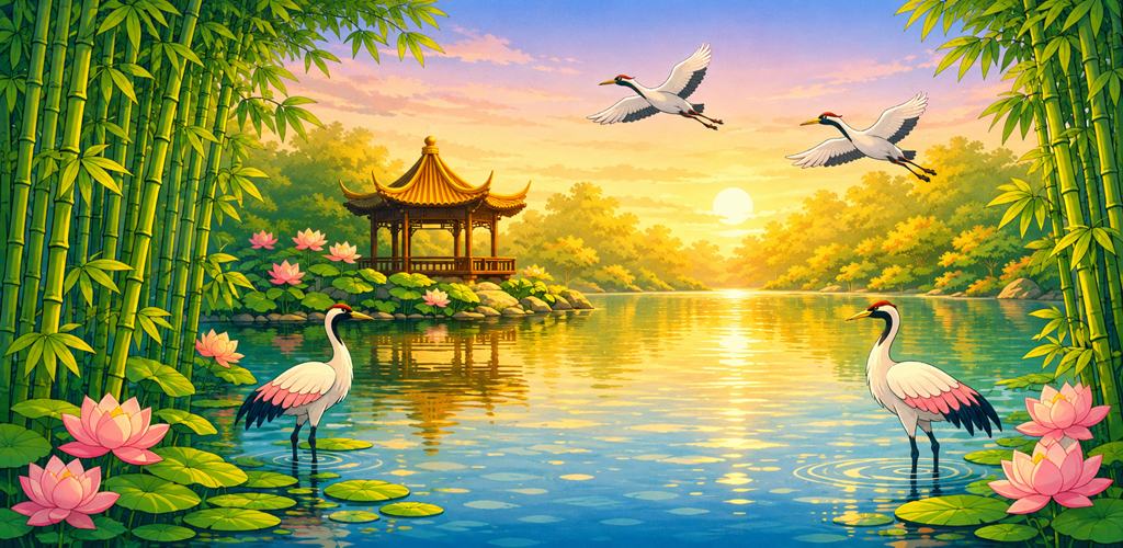 SoYi — a serene lakeside scene with a pavilion, cranes, and lotus flowers at golden hour